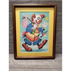 Vintage Kitschy Clown Paint by Number Painting Wood Framed Fun Colorful